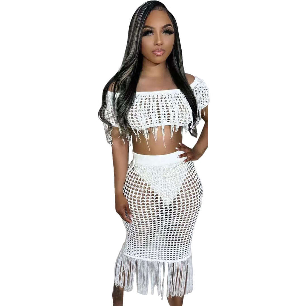 Crochet fringe beach set sexy sheer knit urban fashion – White