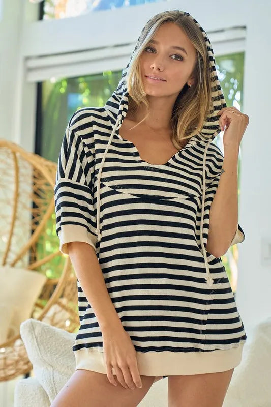 Women’s Short Sleeve Wide Neck Stripped Hoodie