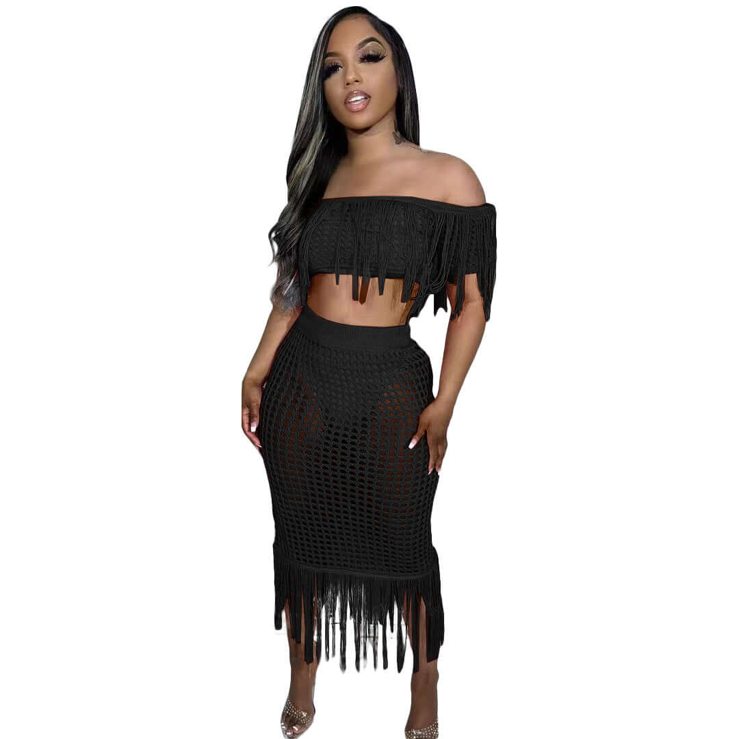 Crochet fringe beach set front view lifestyle