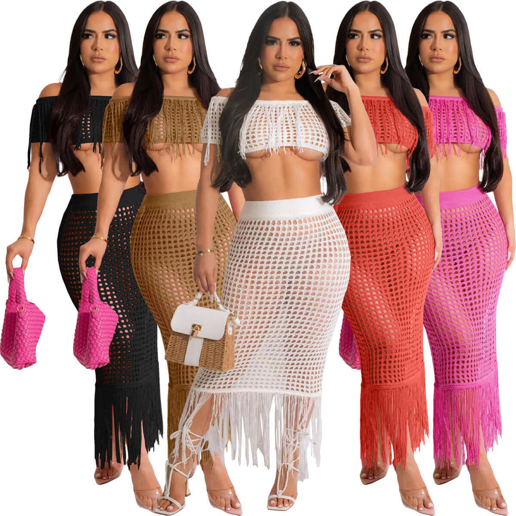 Crochet fringe beach set sexy sheer knit urban fashion – Black