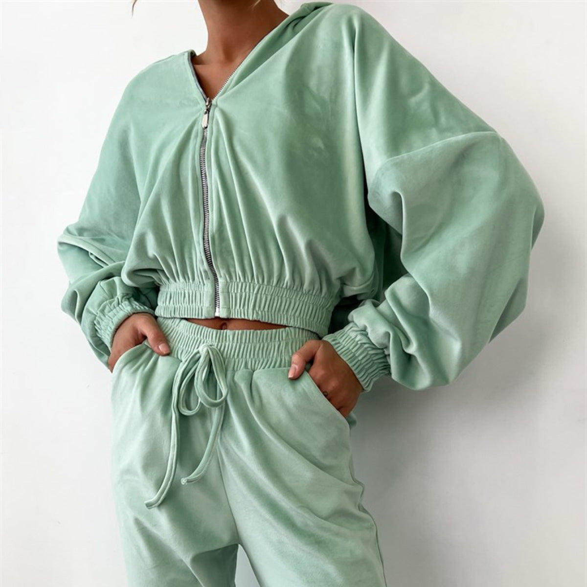Women's Cardigan Style Hoodie Solid Color Jumpsuit.