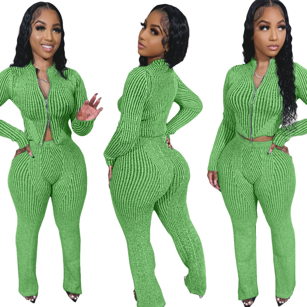 Women's knit sweater set two-way zipper urban pant outfit – Pink