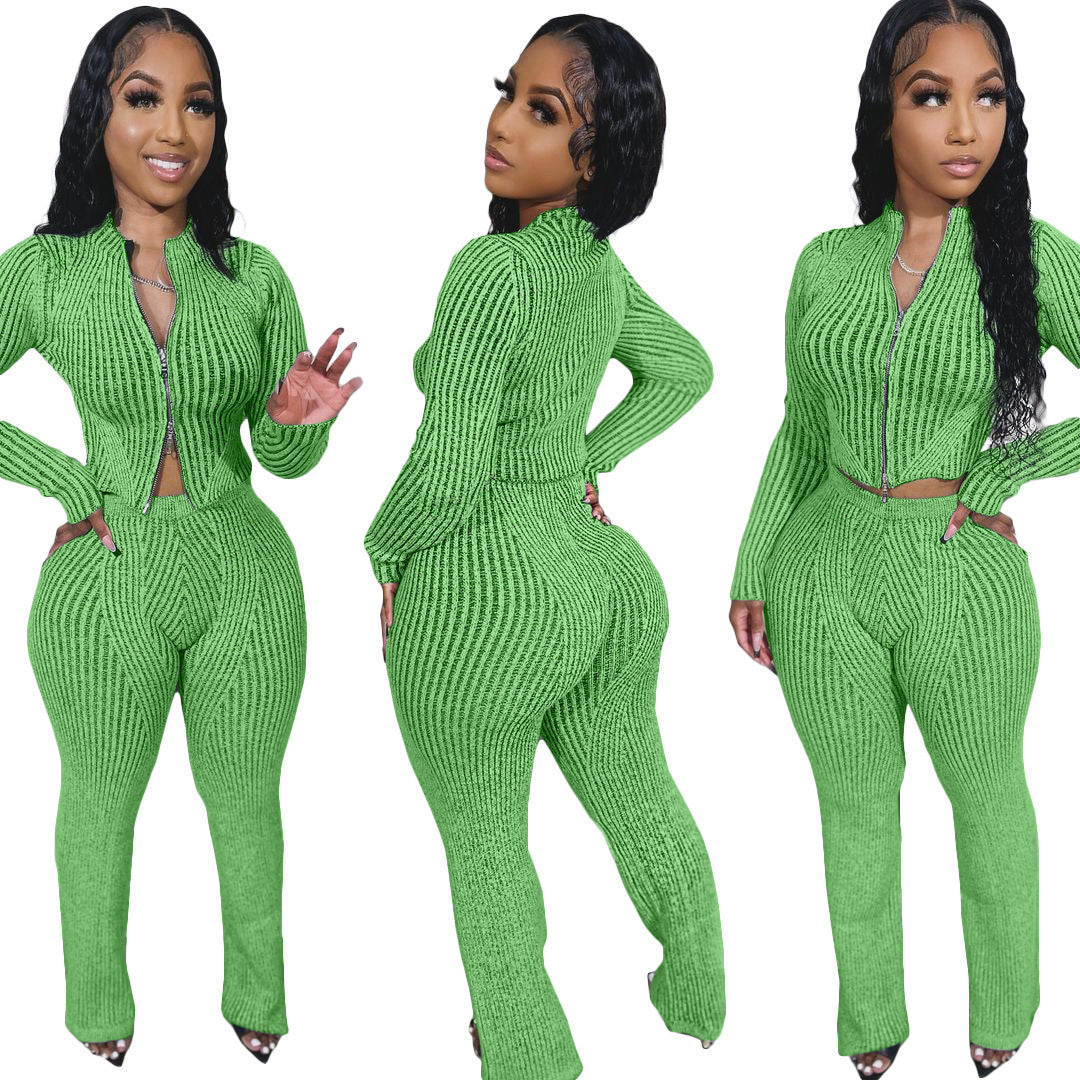 Women's knit sweater set two-way zipper urban pant outfit – Pink