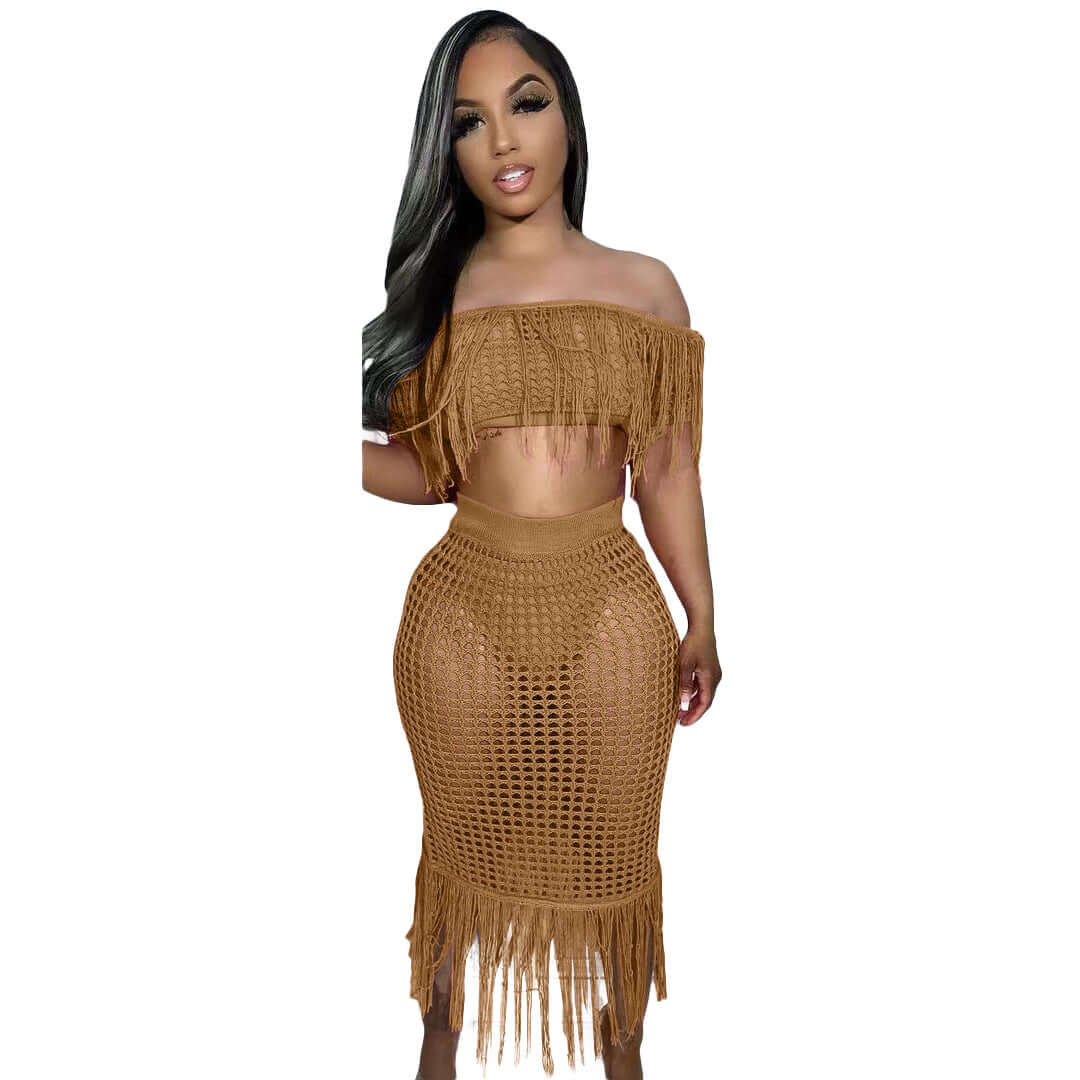 Crochet fringe beach set women's beach cover up