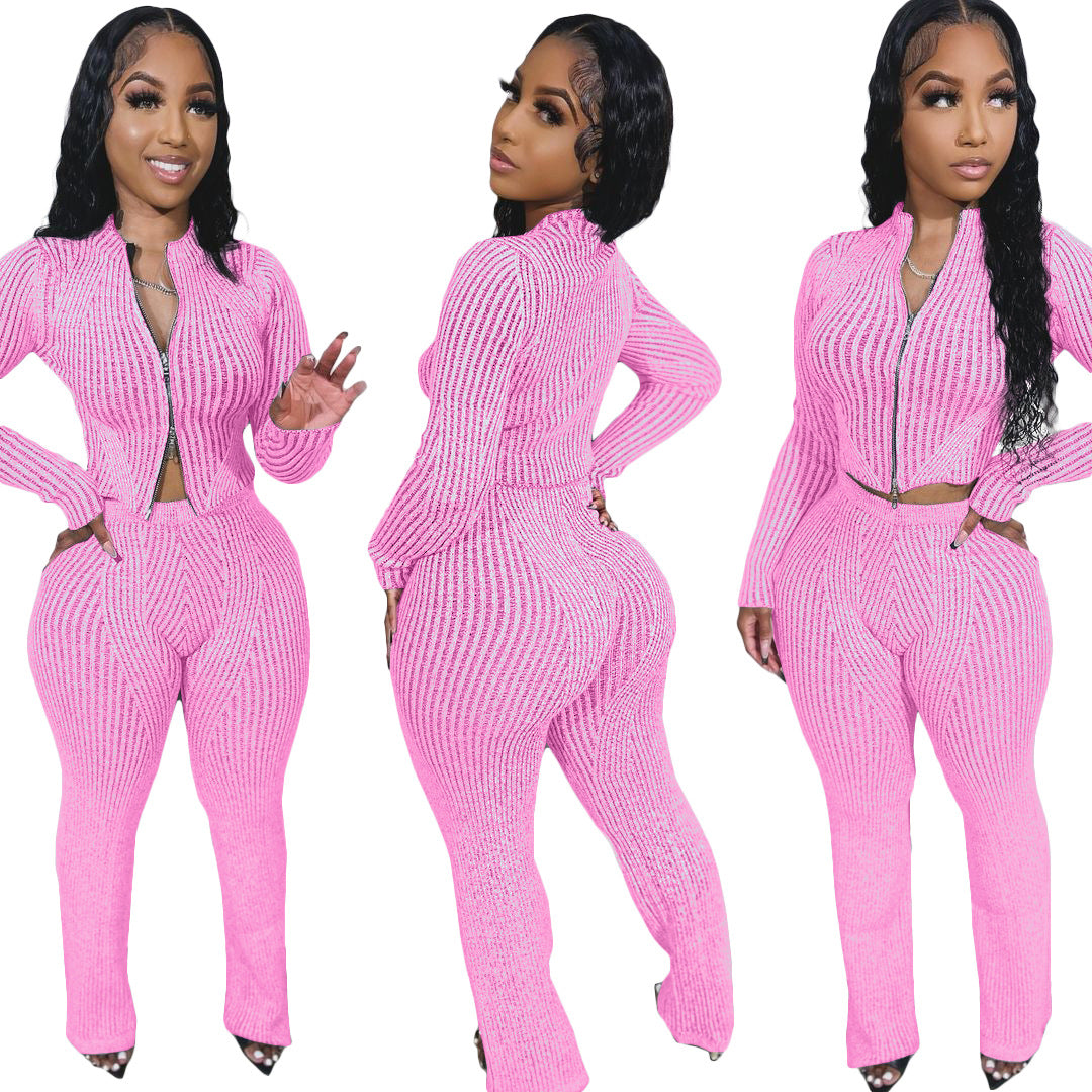Women's knit sweater set front view zipper detail close up