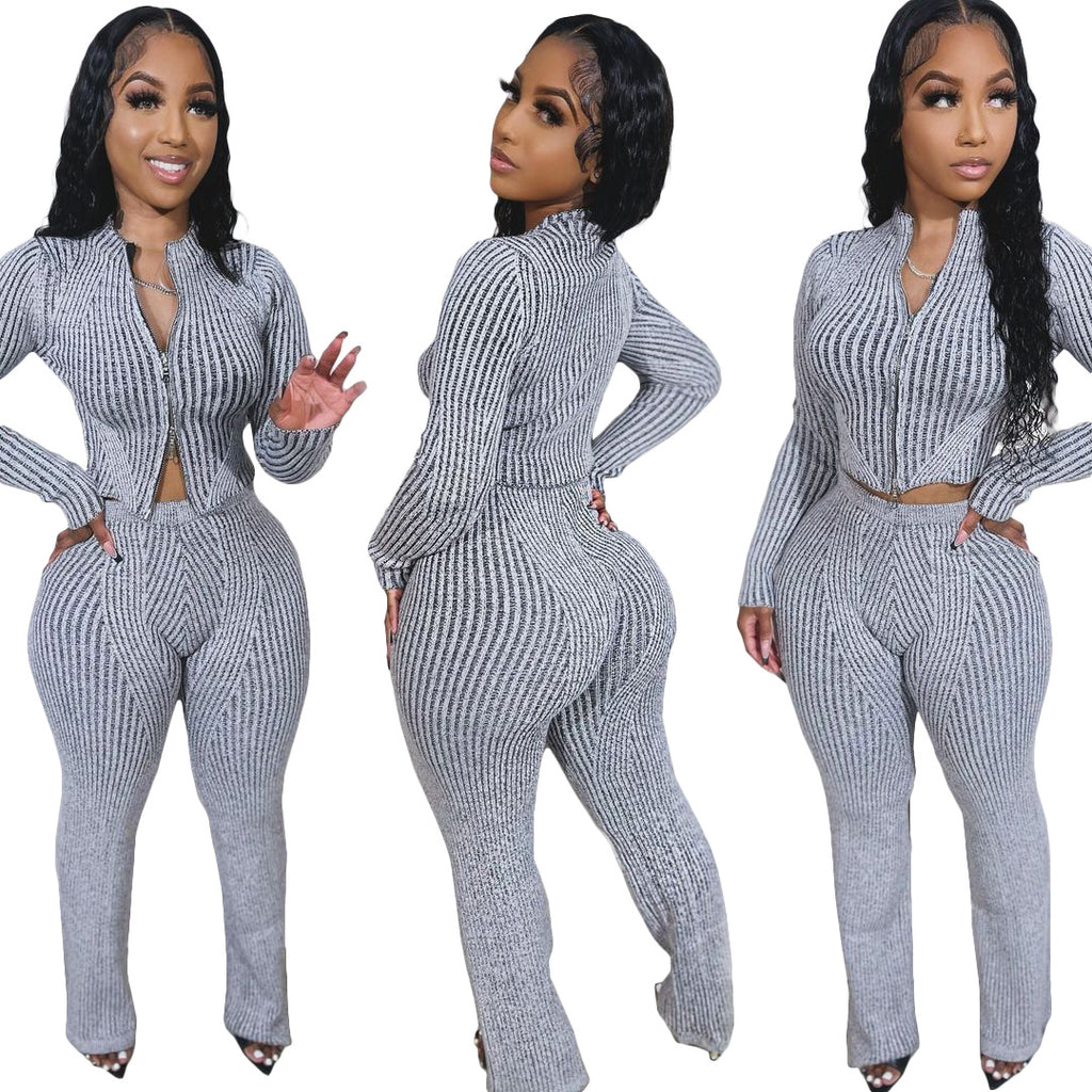 Women's knit sweater set two-way zipper urban pant outfit – Green