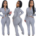Women's knit sweater set two-way zipper urban pant outfit – Green