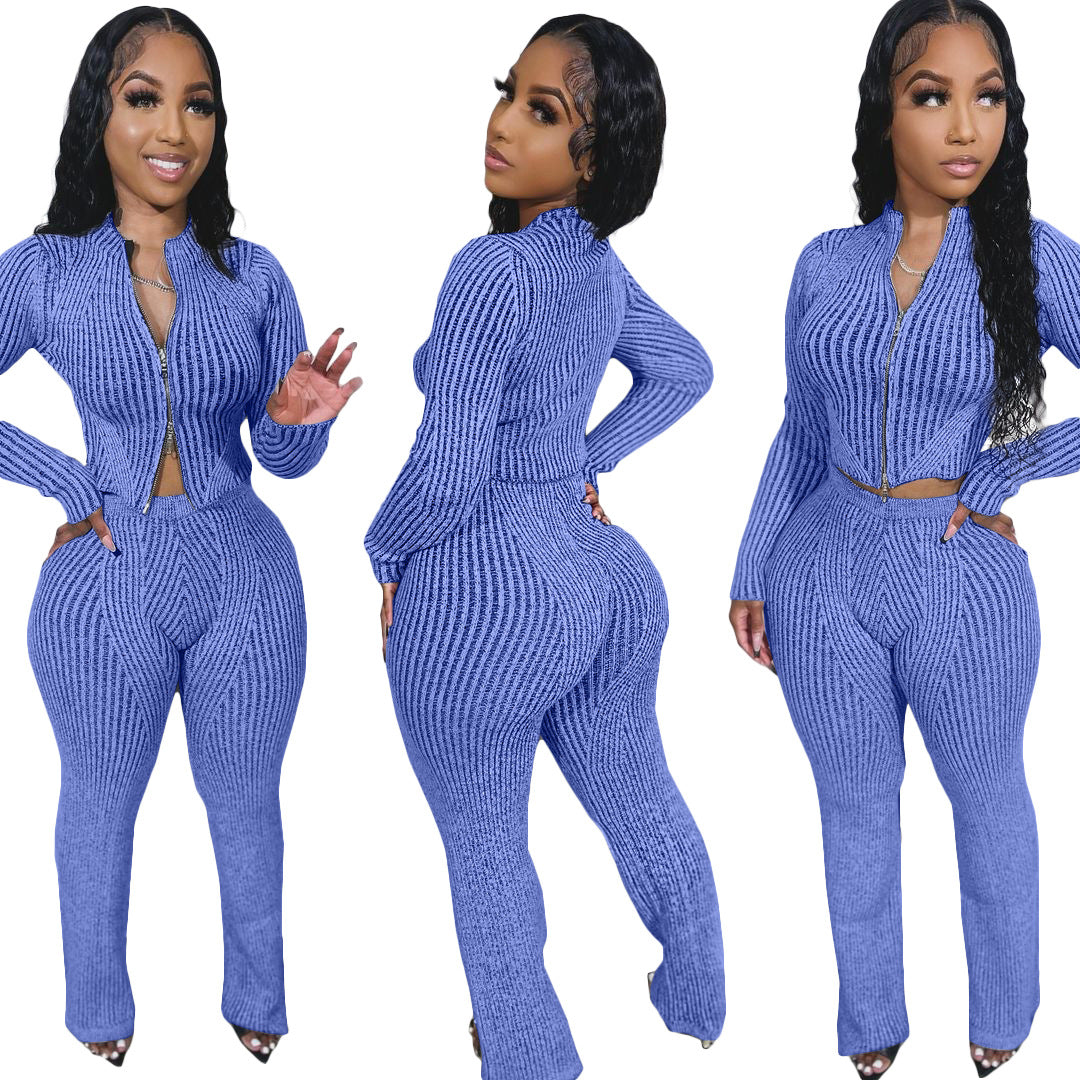 Women's knit sweater set full length pants coordinated look
