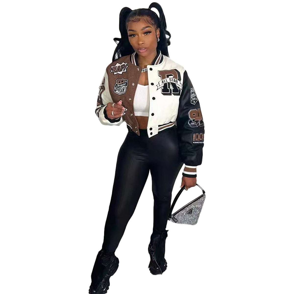 Ribbed baseball jacket front view half open collar