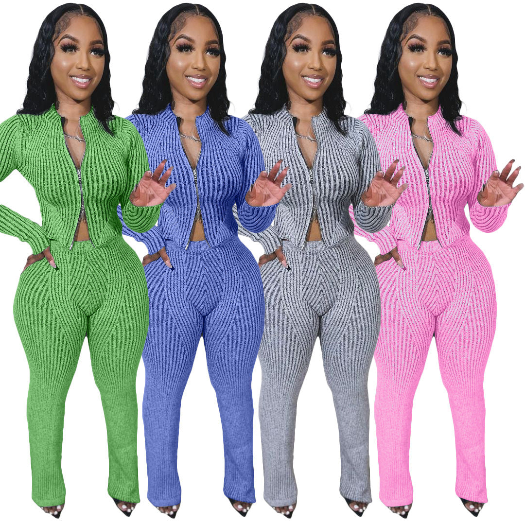 Women's knit sweater set two-way zipper urban pant outfit – Pink
