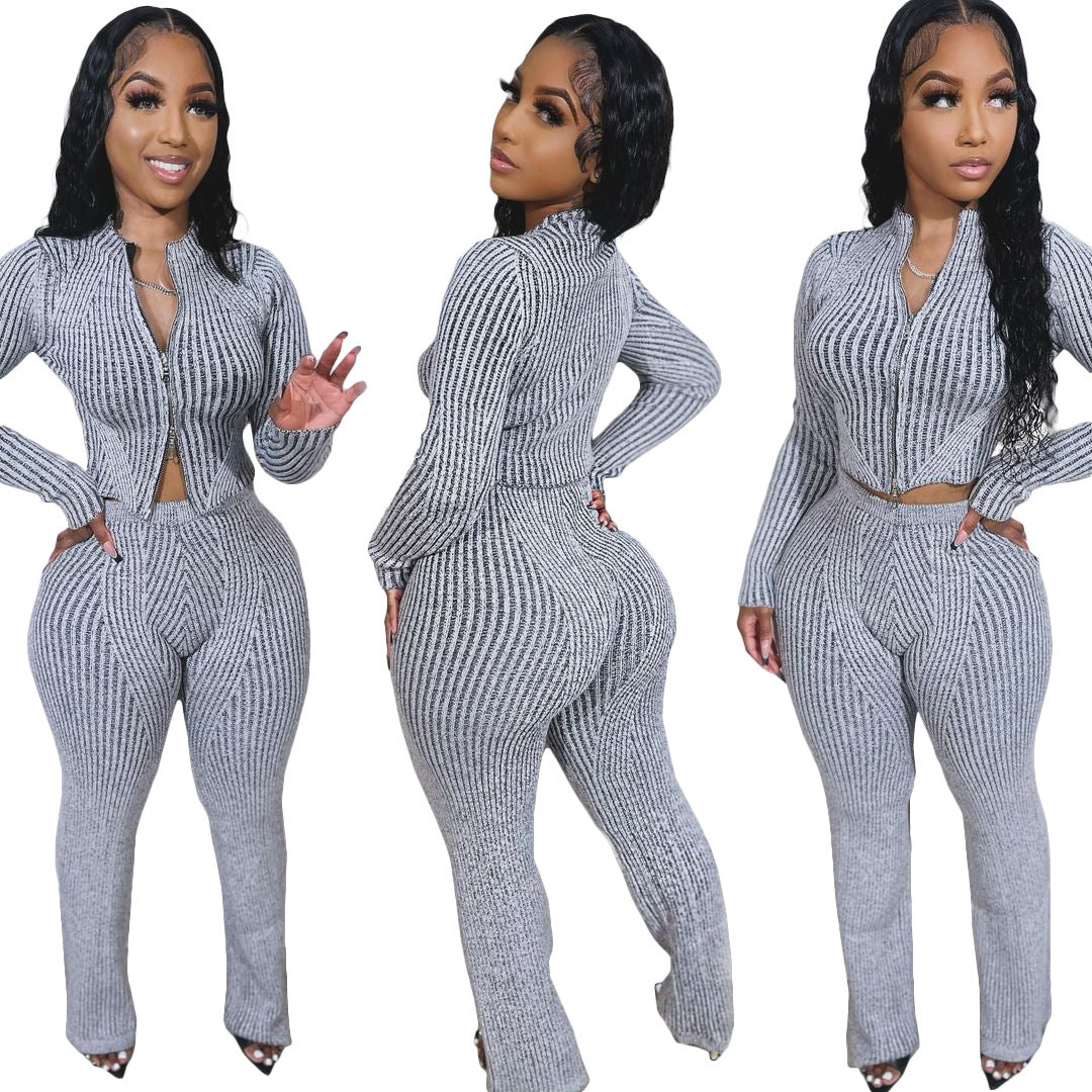 Women's knit sweater set two-way zipper urban pant outfit – Black