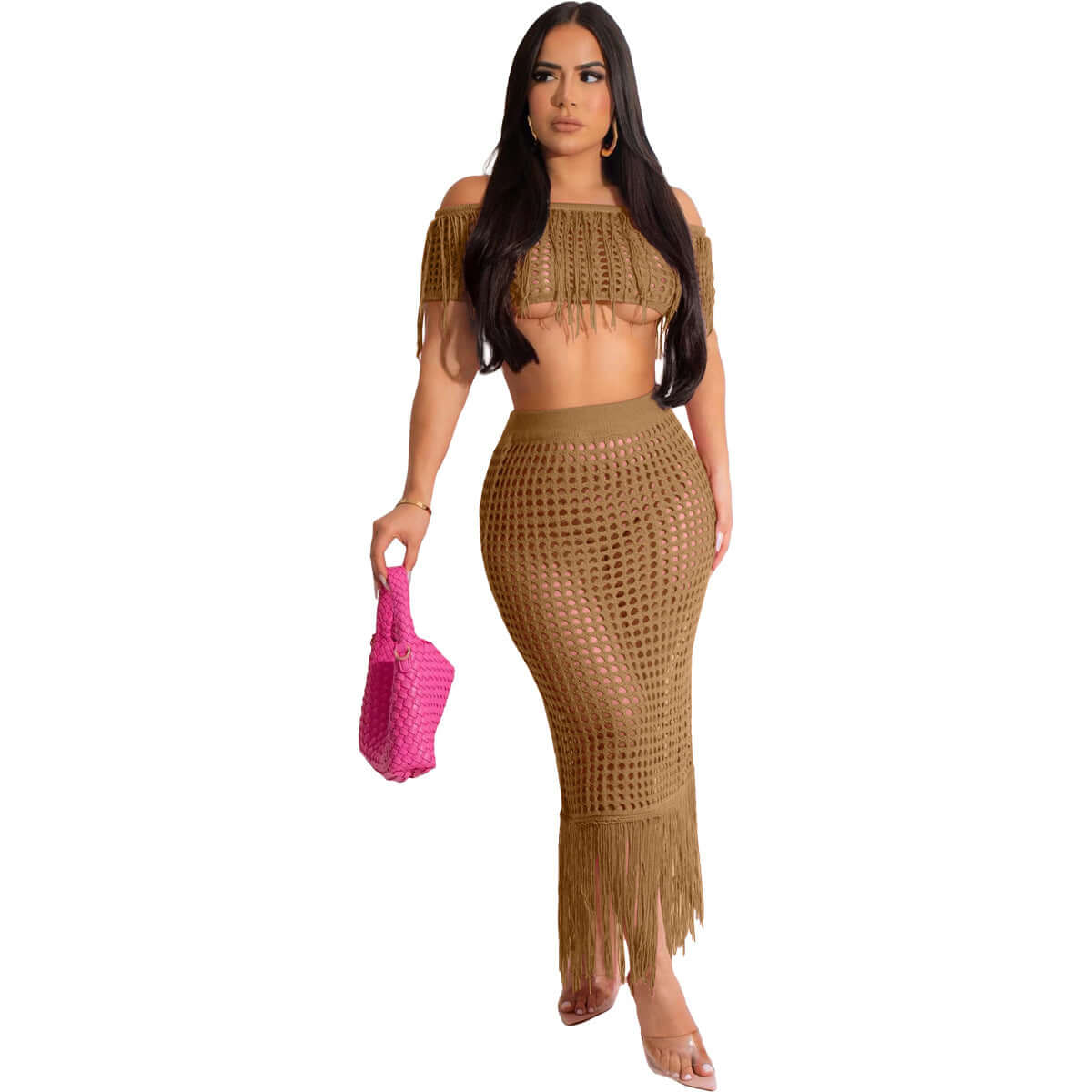 Crochet fringe beach set sexy sheer knit urban fashion – Camel