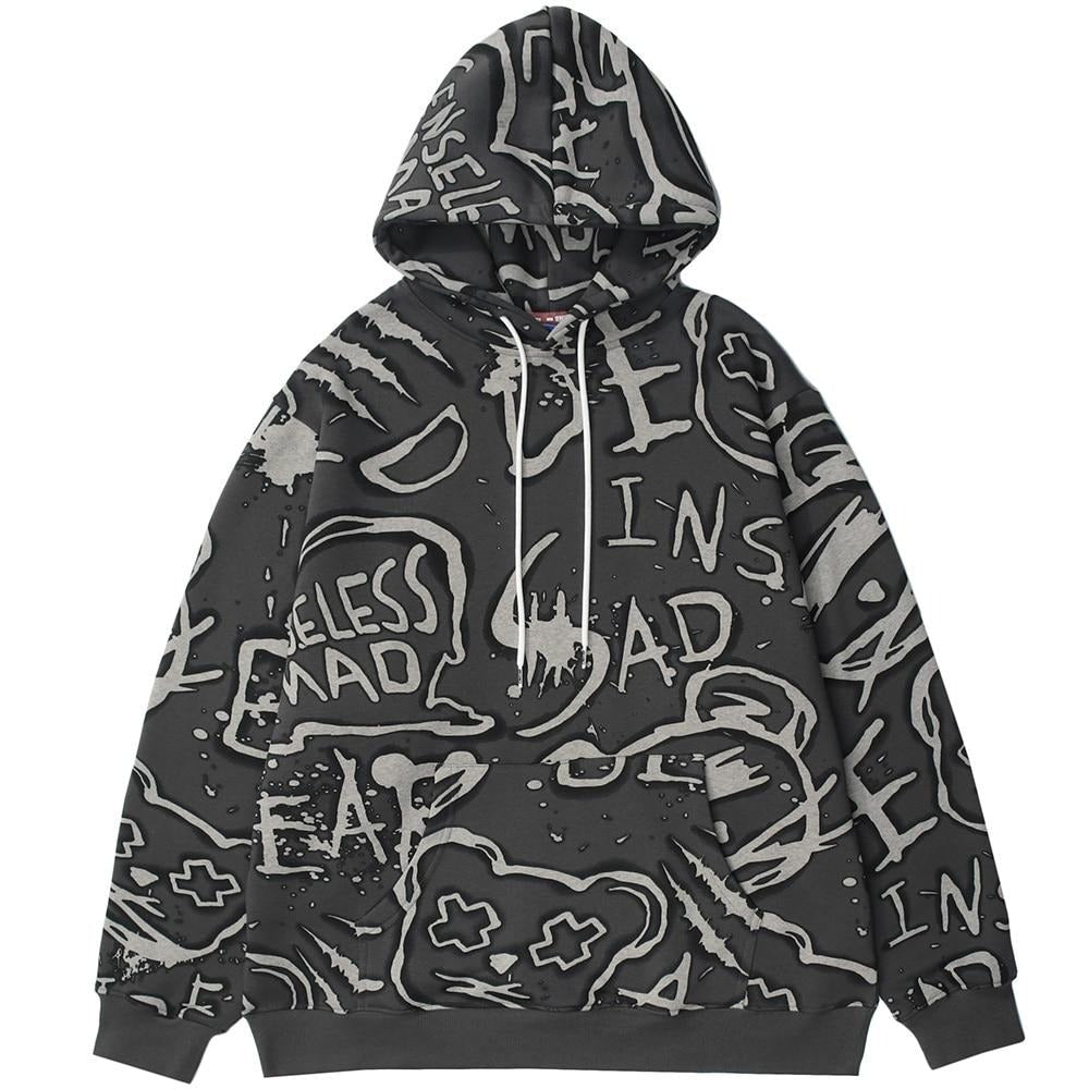 Hoodie Men Harajuku Graffiti Letter Fleece Pullovers Hipster College Style Japanese Retro Casual Tops Couple Streetwear-0