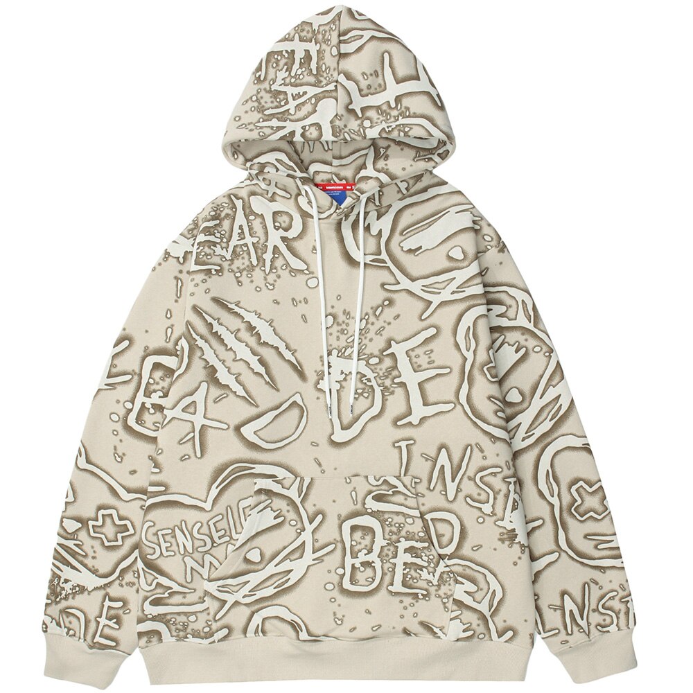 Hoodie Men Harajuku Graffiti Letter Fleece Pullovers Hipster College Style Japanese Retro Casual Tops Couple Streetwear-2